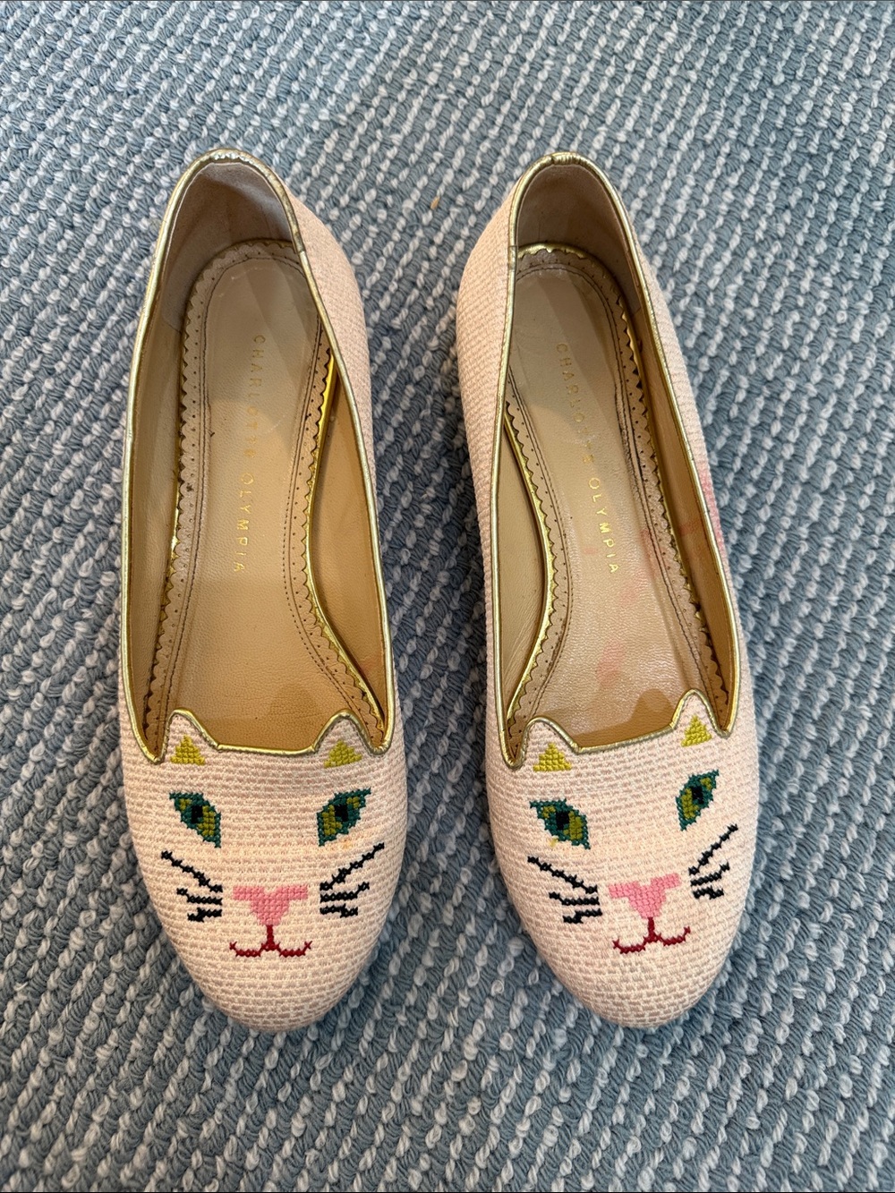 Charlotte Olympia Blush Pink Cat-Embroidered Ballet Flats with Gold Trim